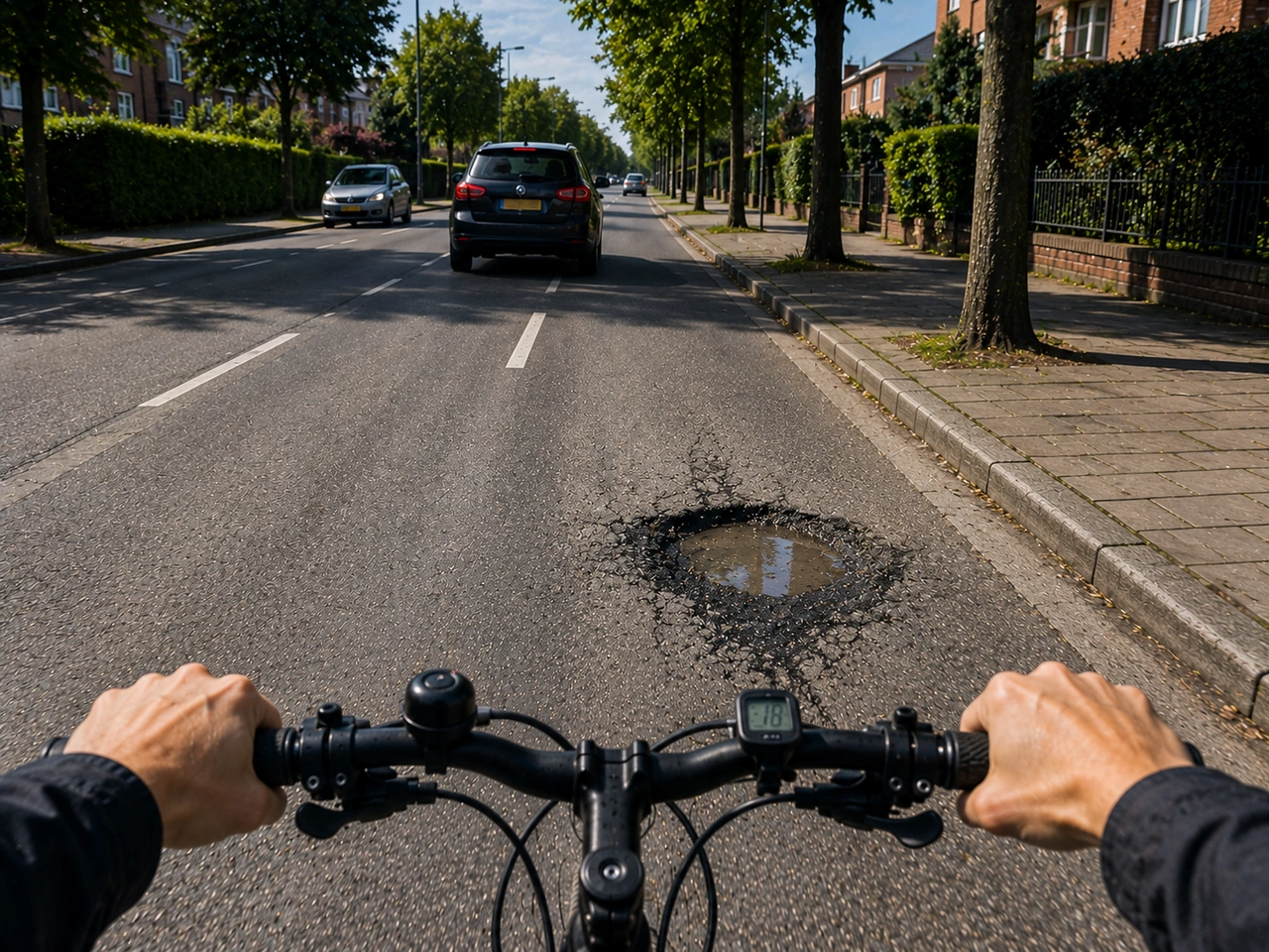 How should a cyclist react to a pothole?