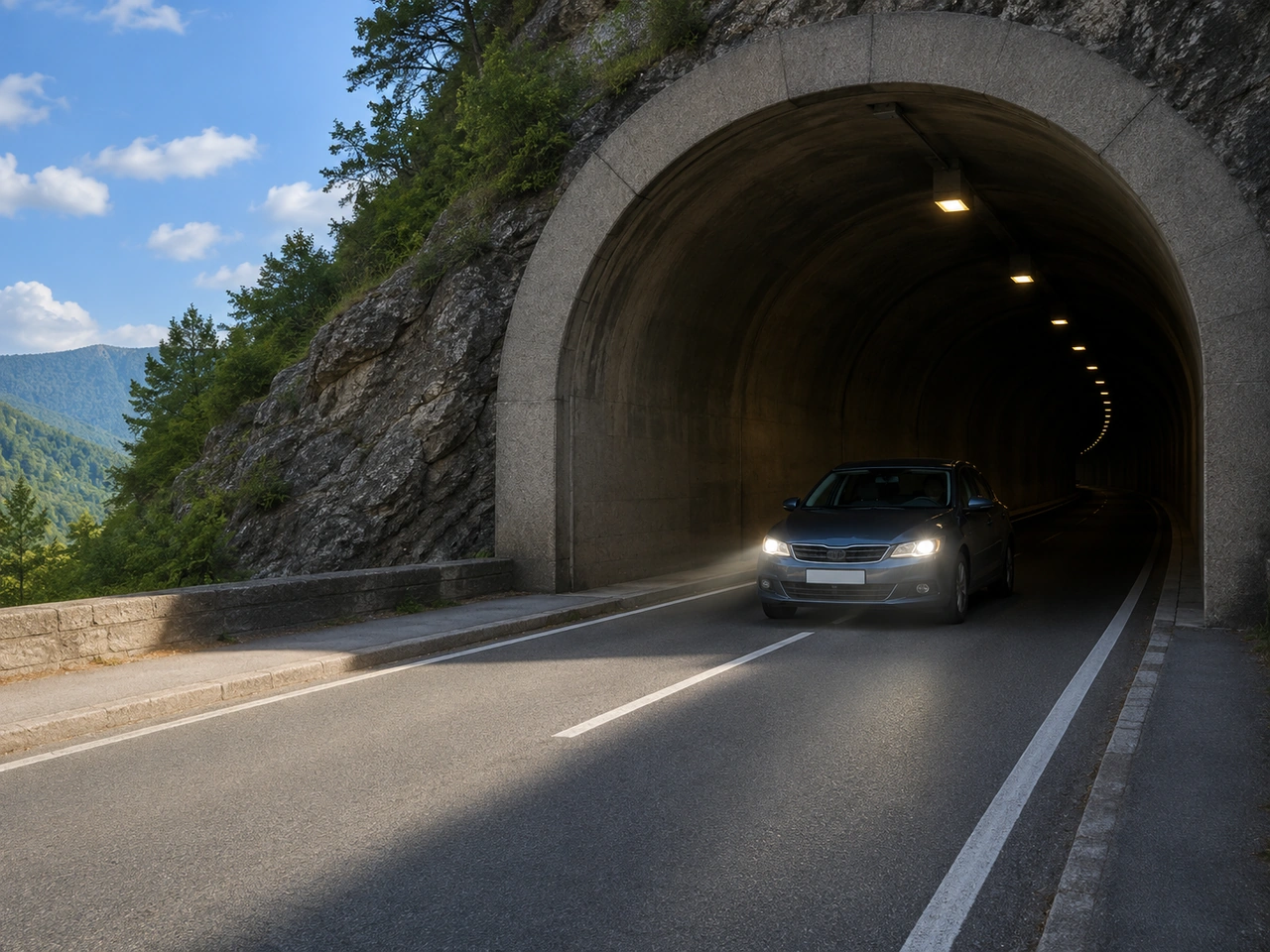 Why should you switch on dipped headlights before entering a tunnel?
