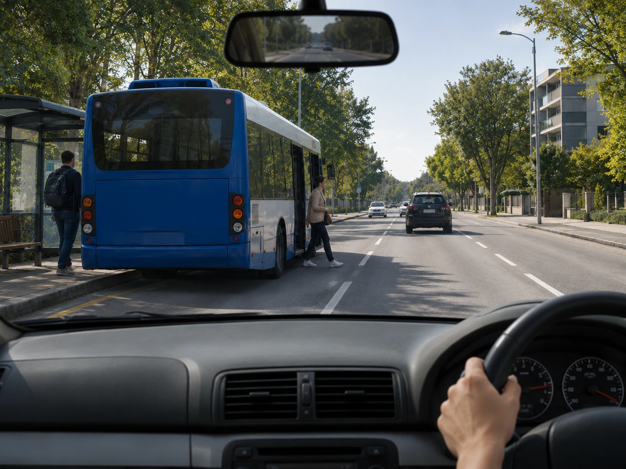 Why should you be careful when driving beside a bus at a stop?