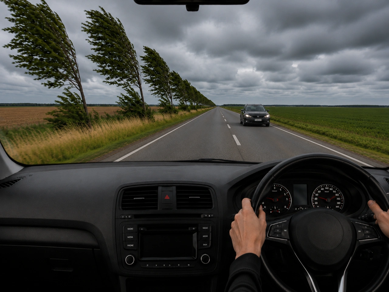 What should you do when driving in strong wind?