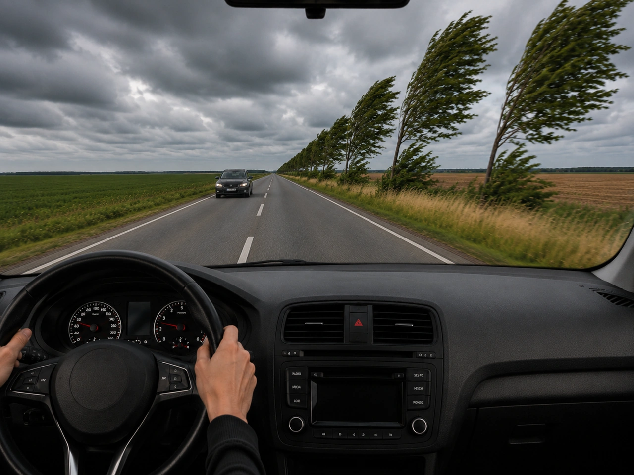 What should you do when driving in strong wind?