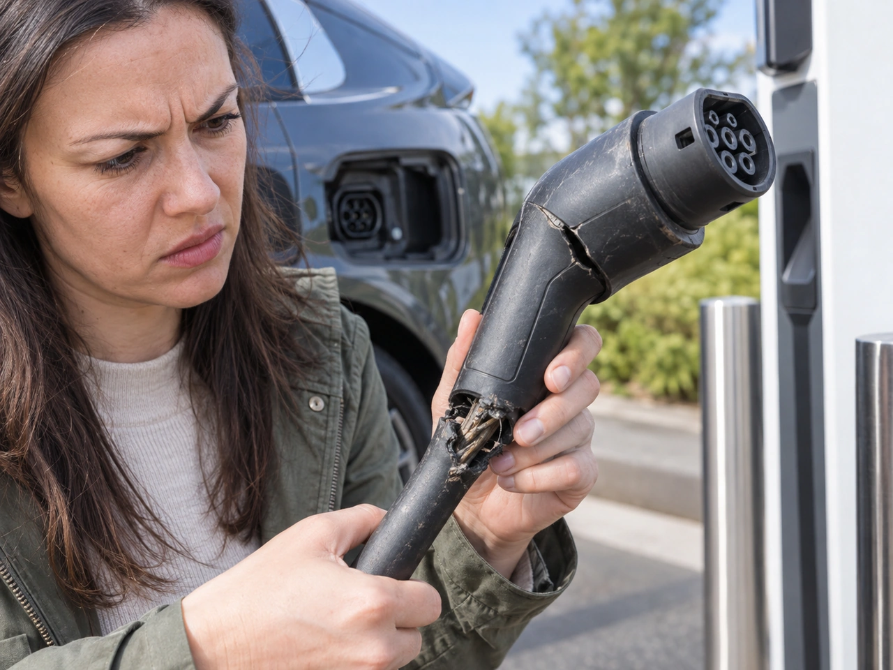 What should you do if an EV charging cable or connector is damaged?