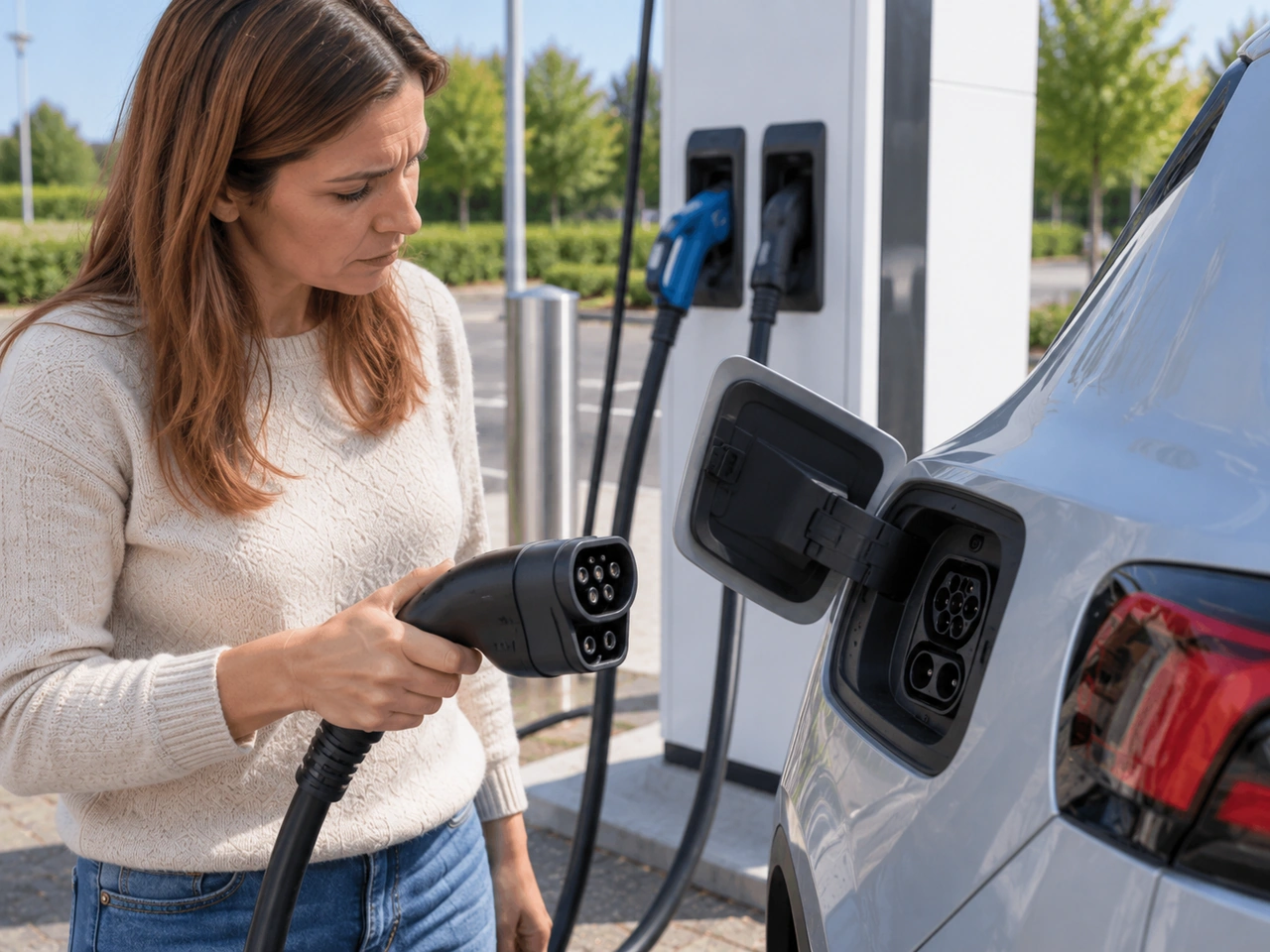 What should you check before connecting an electric vehicle to a charger?