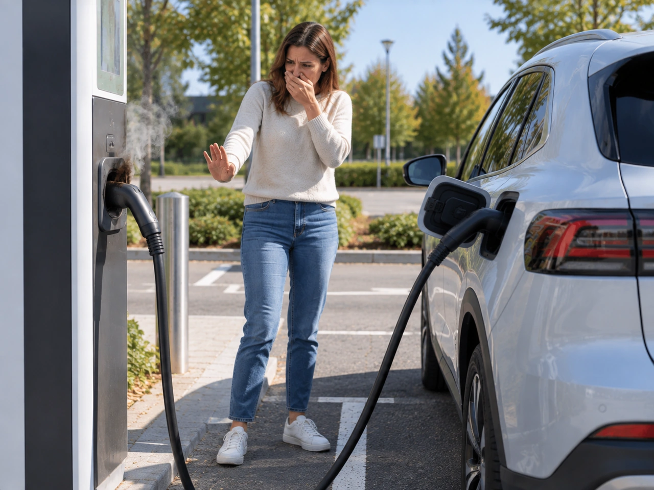 What should you do if EV charging equipment becomes unusually hot or smells burnt?