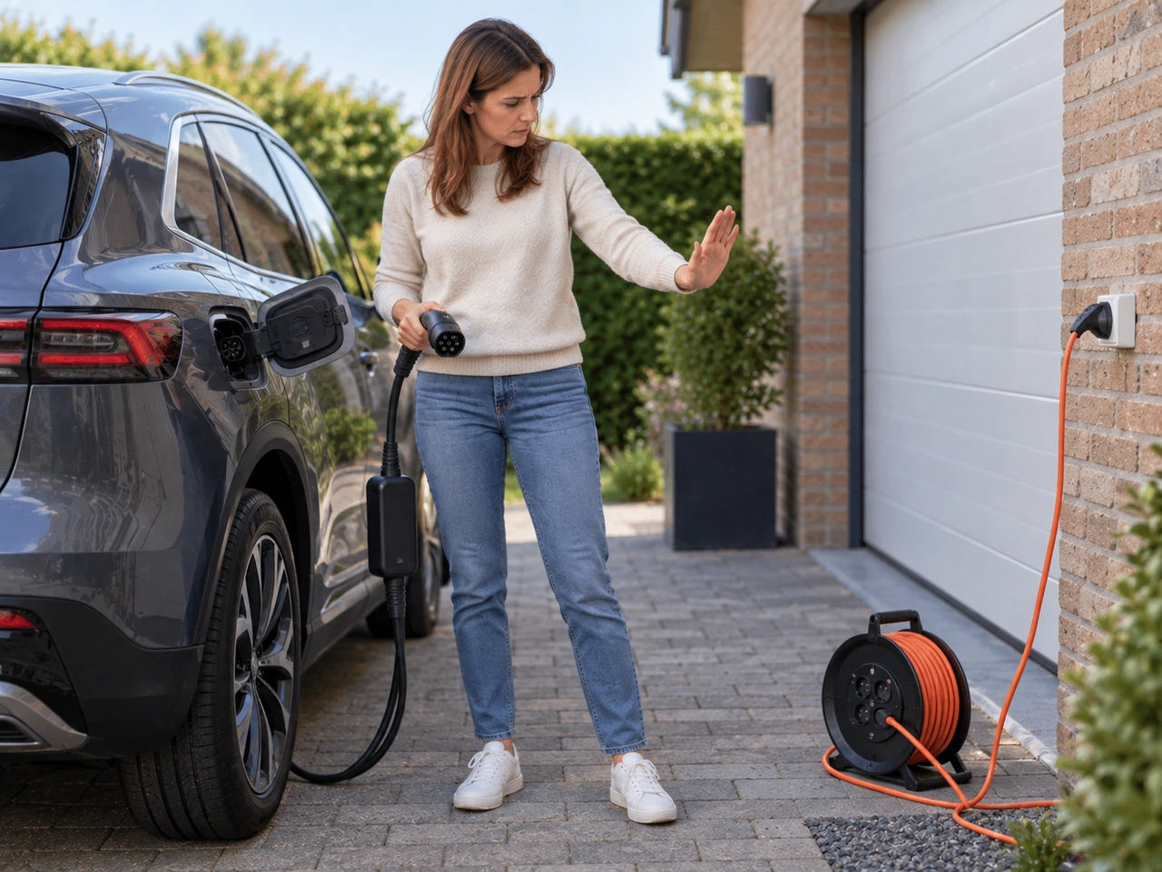 Why should you avoid using an ordinary extension lead to charge an electric vehicle?