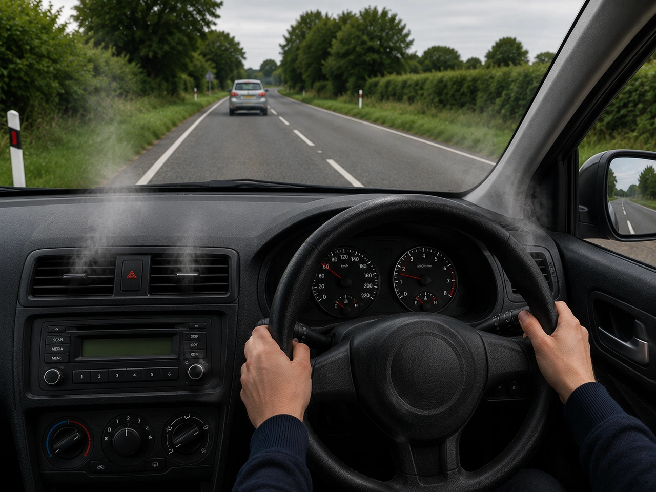 What should you do if exhaust fumes begin entering the car?