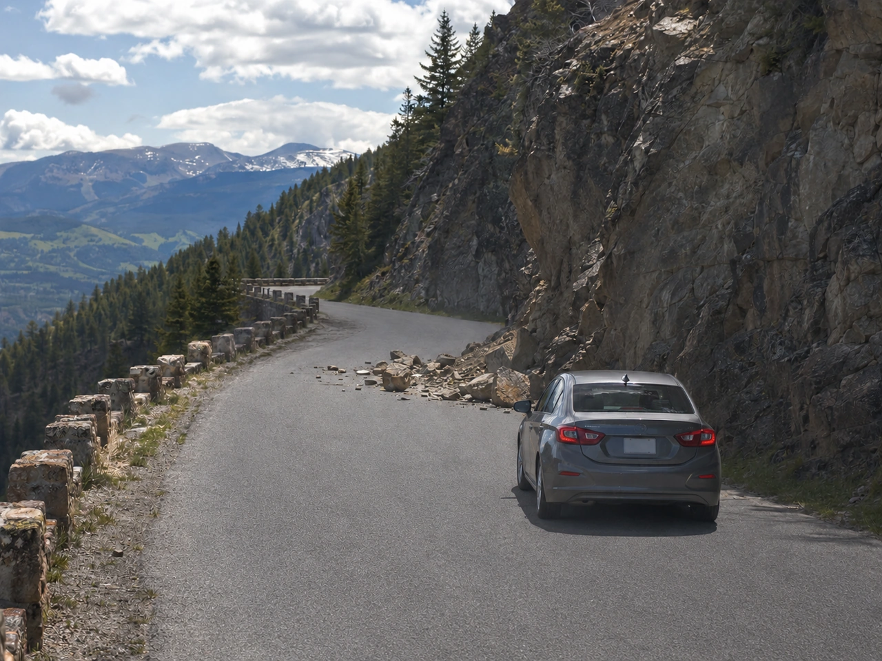 What should you do if you see fallen rocks on a mountain road?