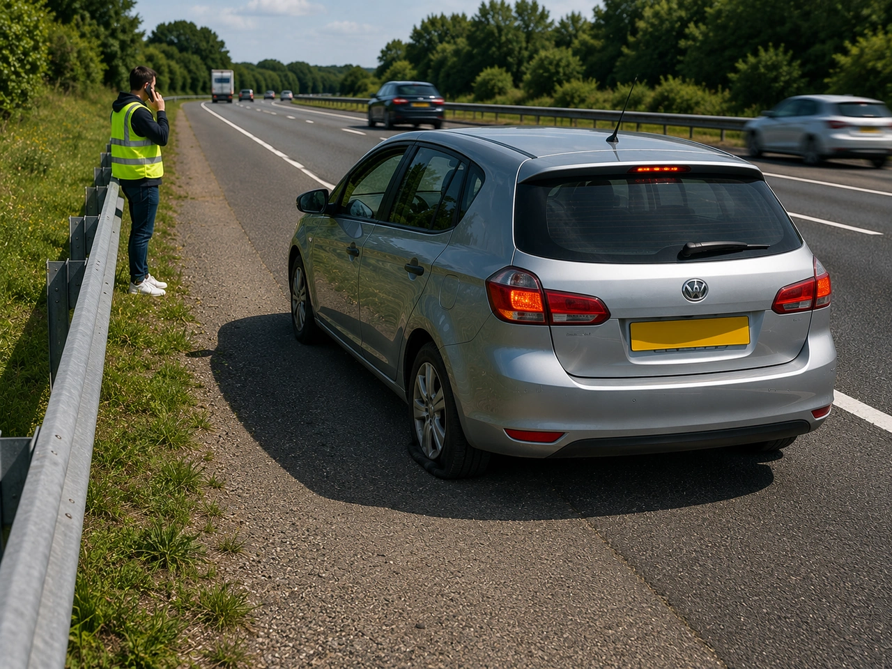 What should you do about a flat tyre on a high-speed road?