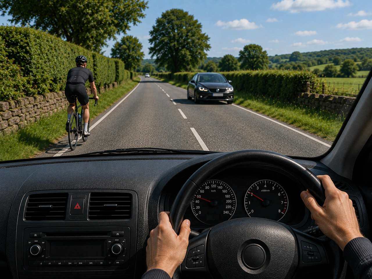 What should you do when following a cyclist on a narrow road?