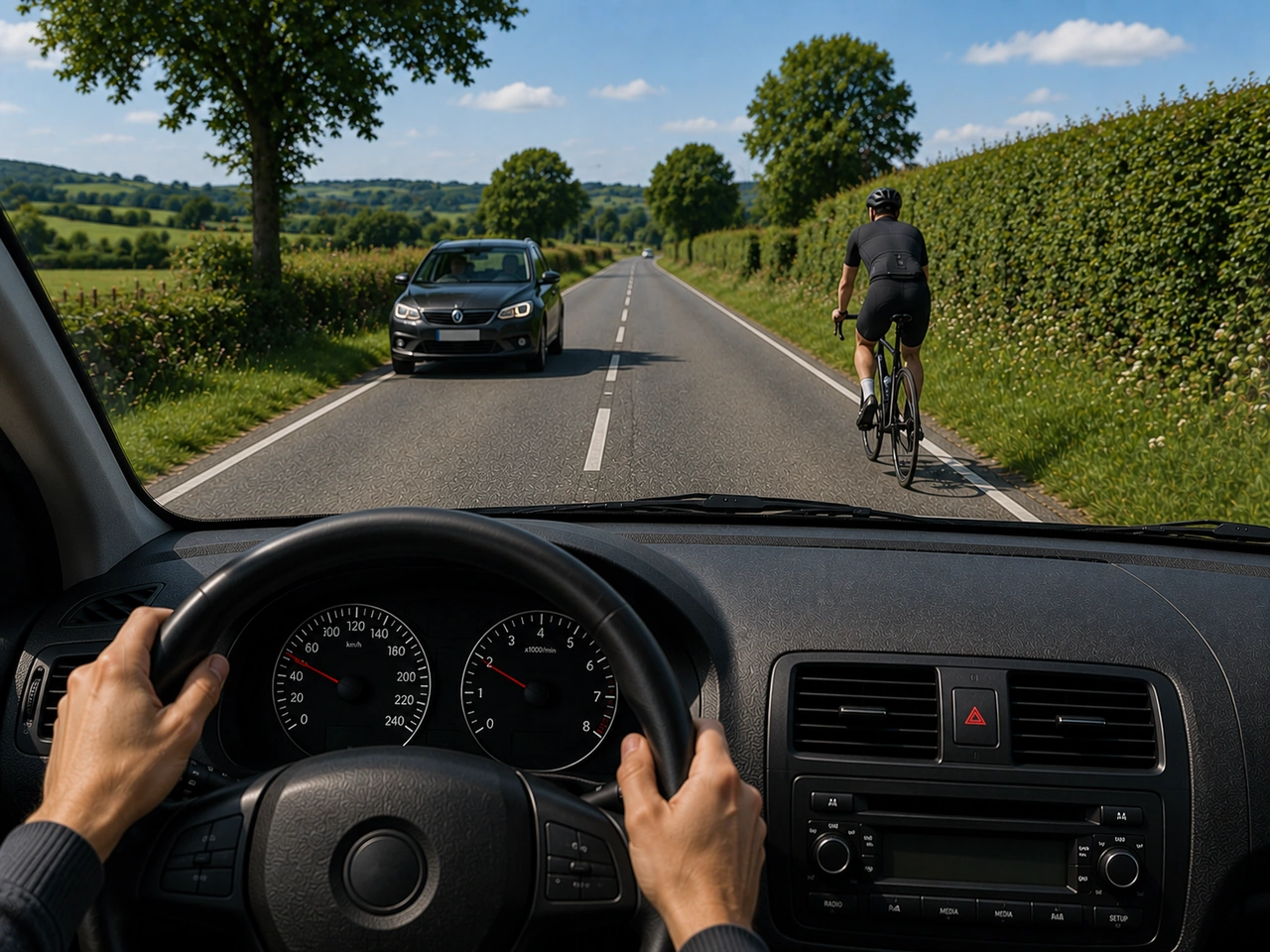 What should you do when following a cyclist on a narrow road?