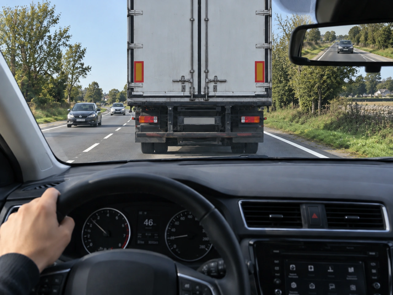 Why should you leave extra space when following a large vehicle?