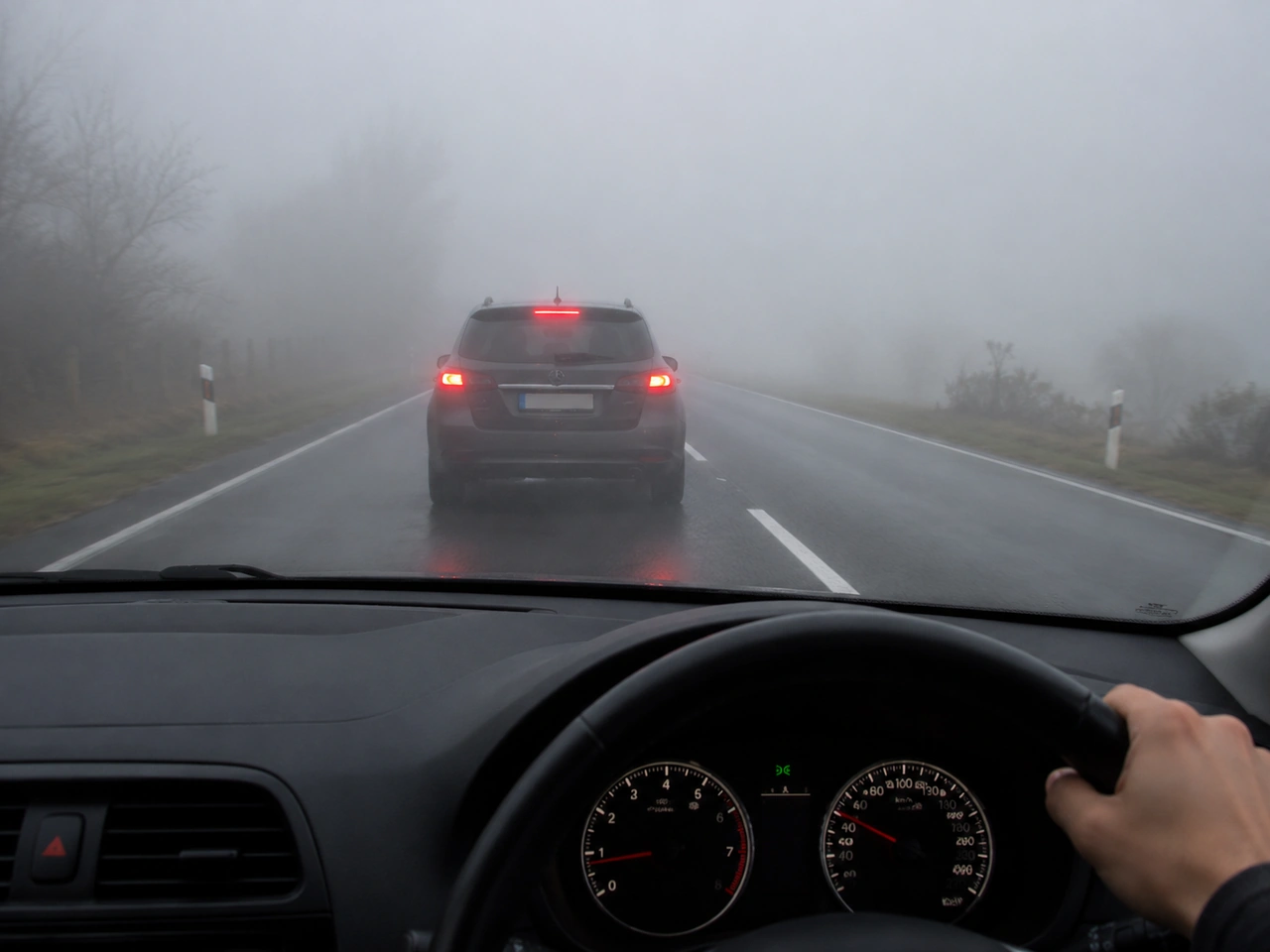 Why should you avoid following another vehicle too closely in fog?