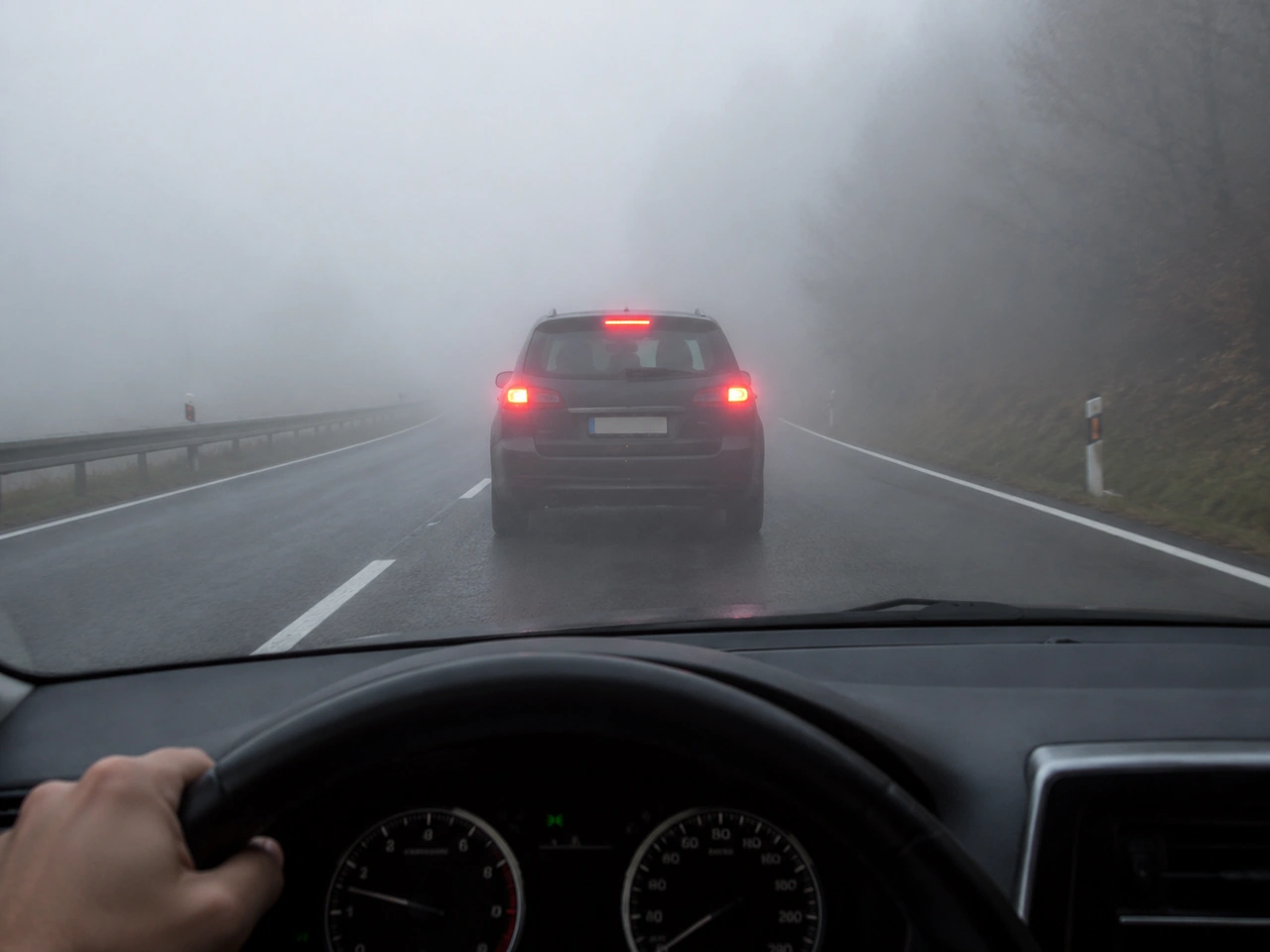 Why should you avoid following another vehicle too closely in fog?
