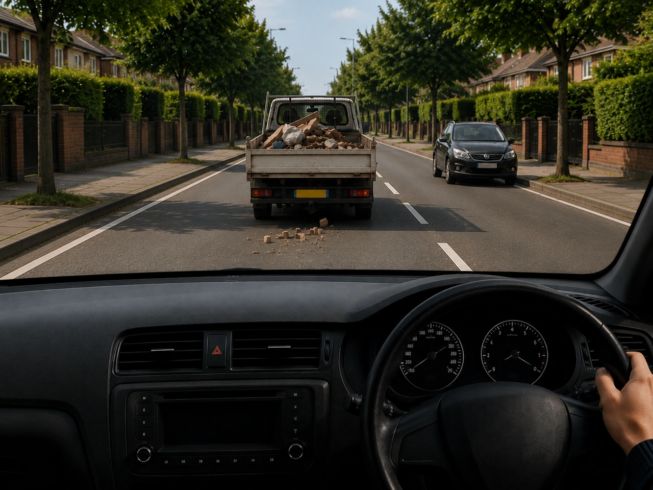 Why should you be cautious when following a vehicle carrying a loose load?