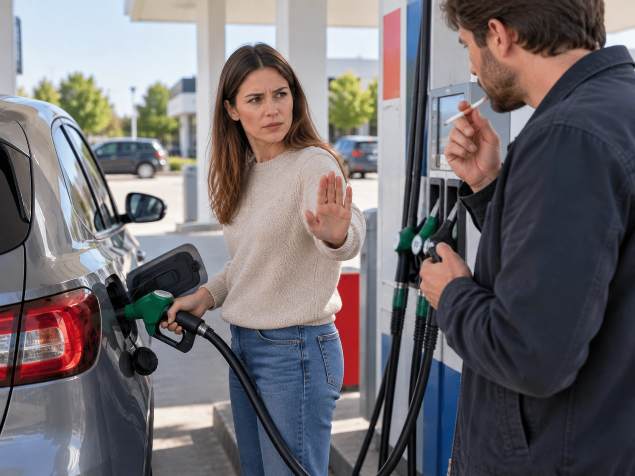 Why must you avoid smoking or open flames at a filling station?