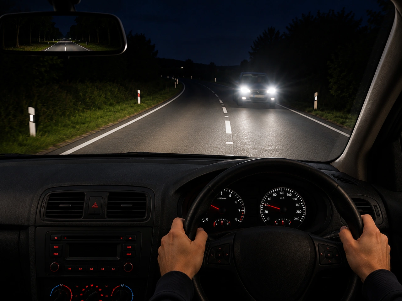 What should you do if oncoming headlights dazzle you at night?