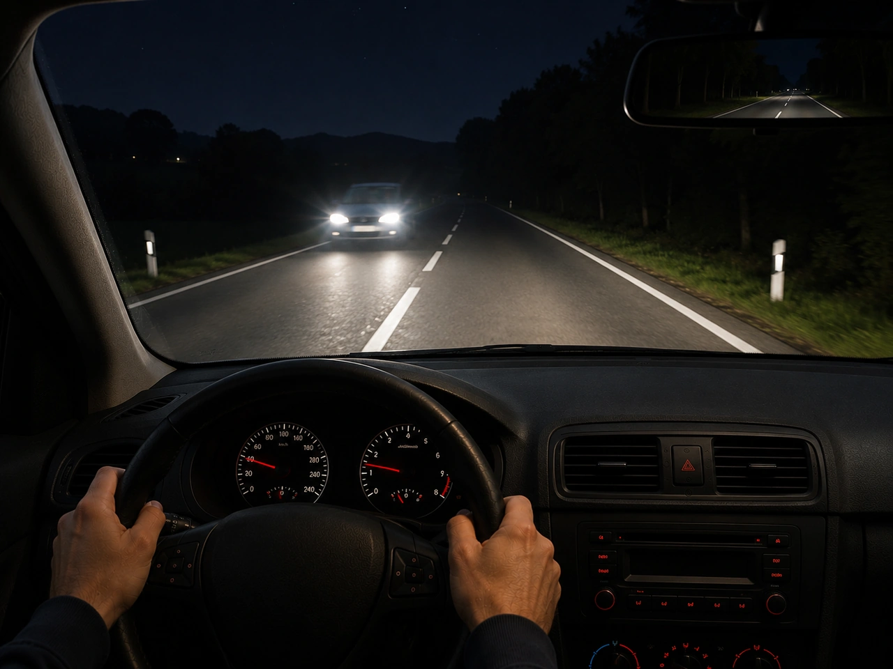 What should you do if oncoming headlights dazzle you at night?