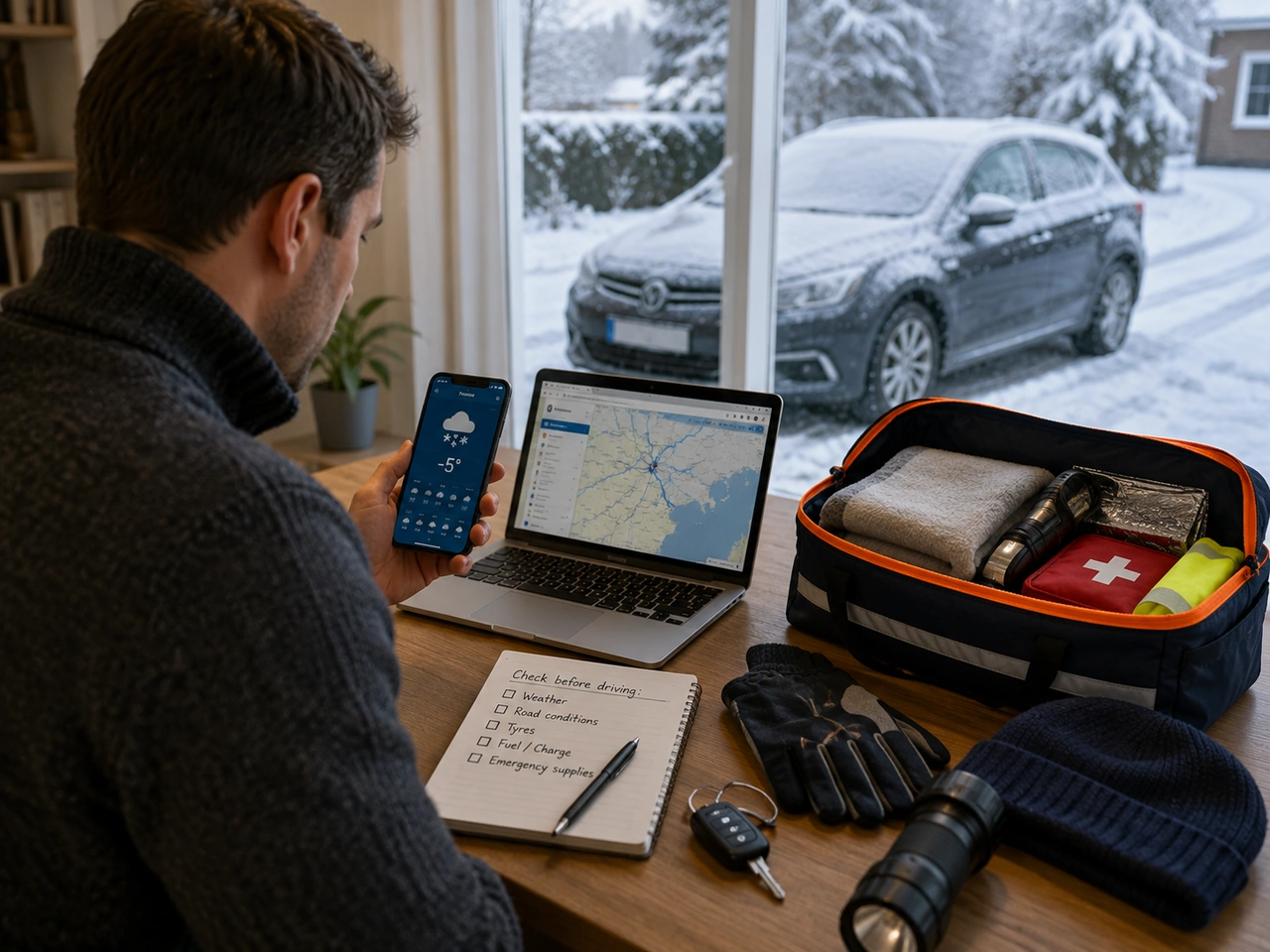 What should you check before beginning a journey in severe winter weather?