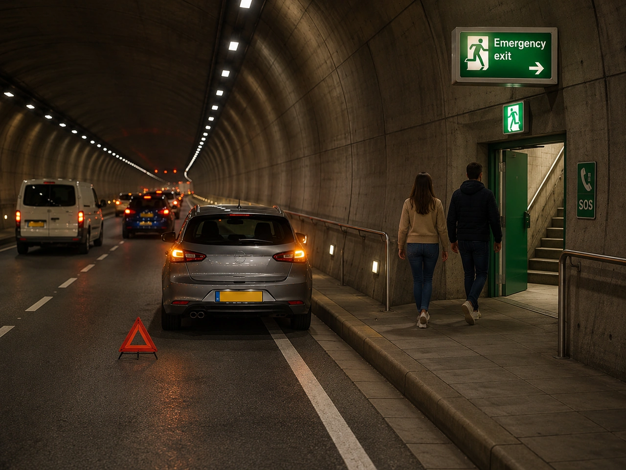 Where should you go after safely leaving a disabled vehicle in a tunnel?