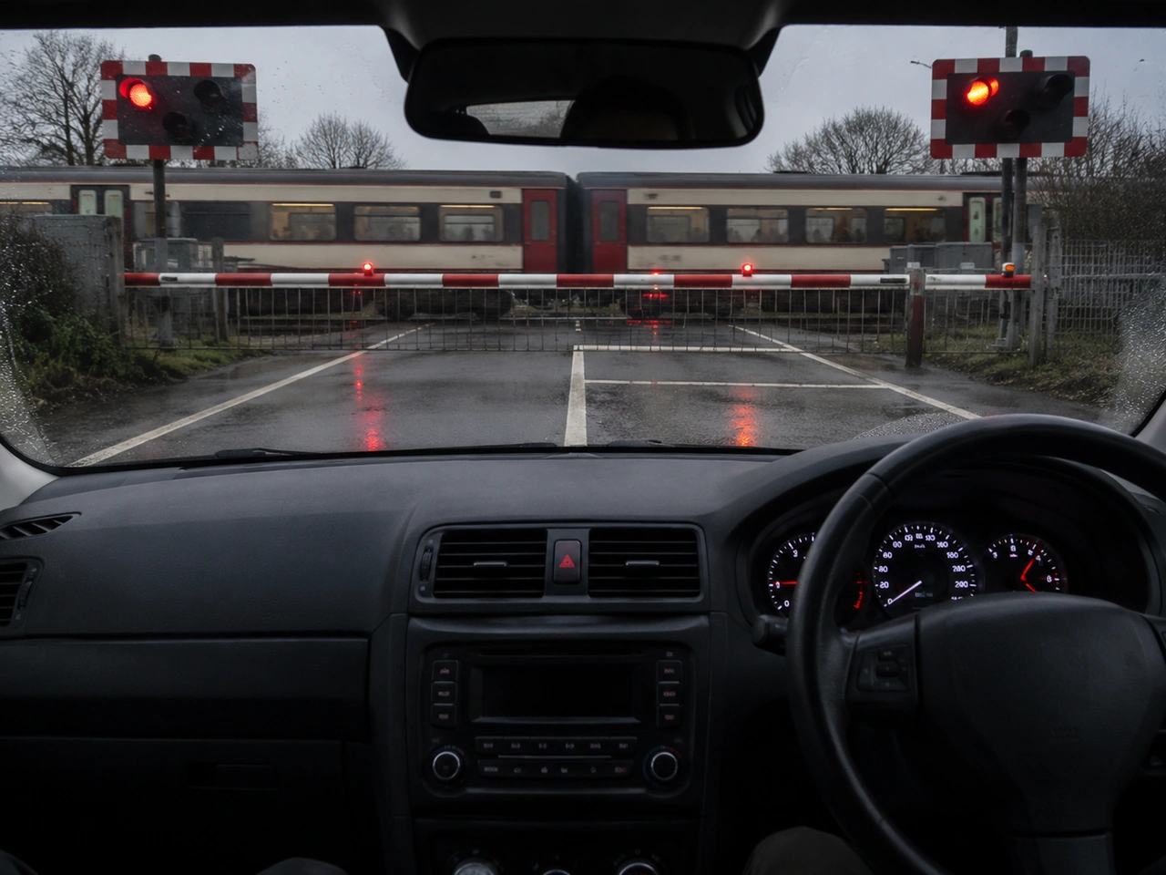 What should you do at a railway crossing when the barriers are closing?