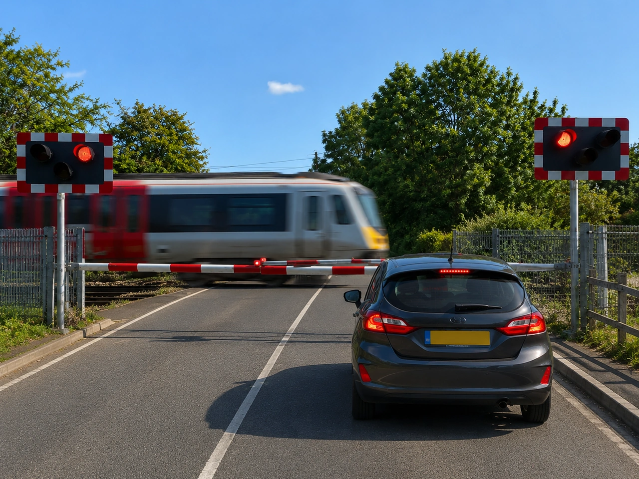 What should you do at a railway crossing when the barriers are closing?