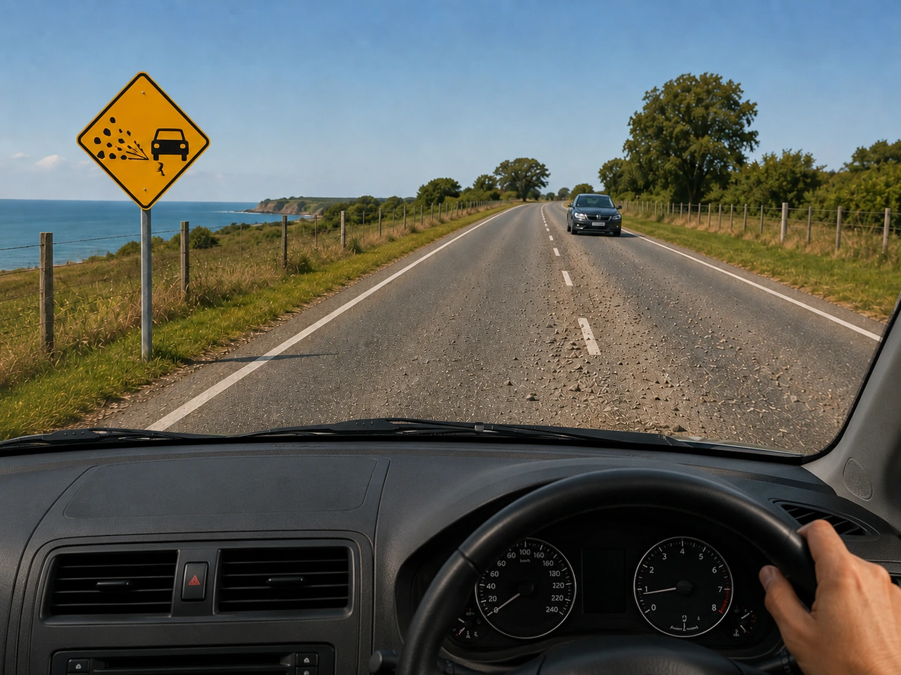 What should you do if you see loose gravel on the road?