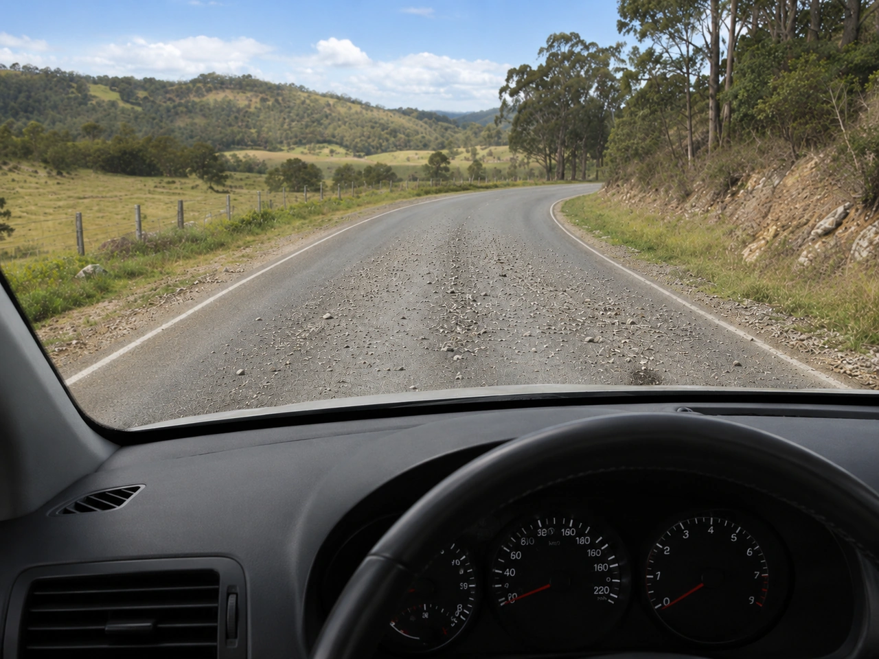 What should you do if you see loose gravel on the road?