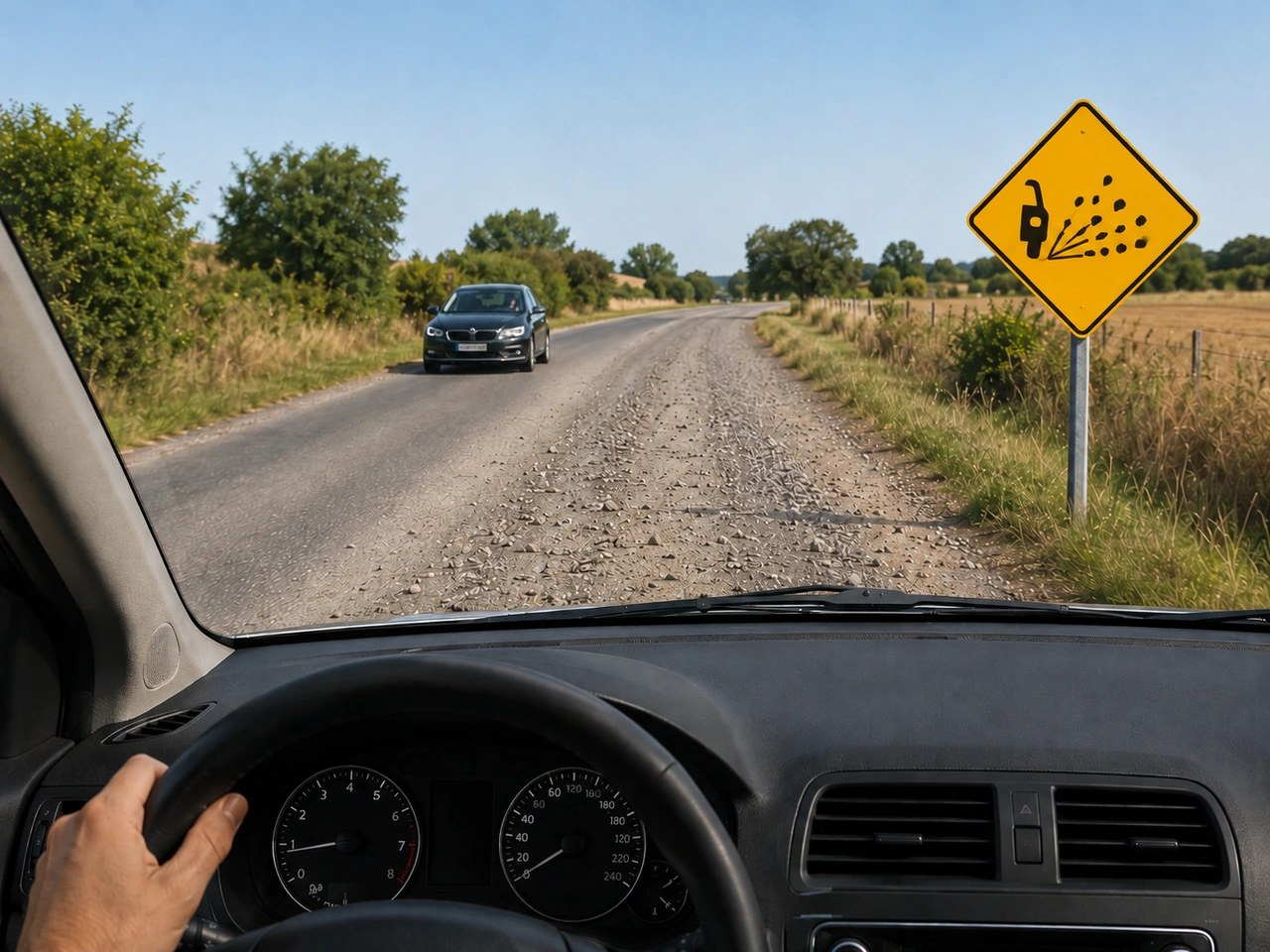 What should you do if you see loose gravel on the road?