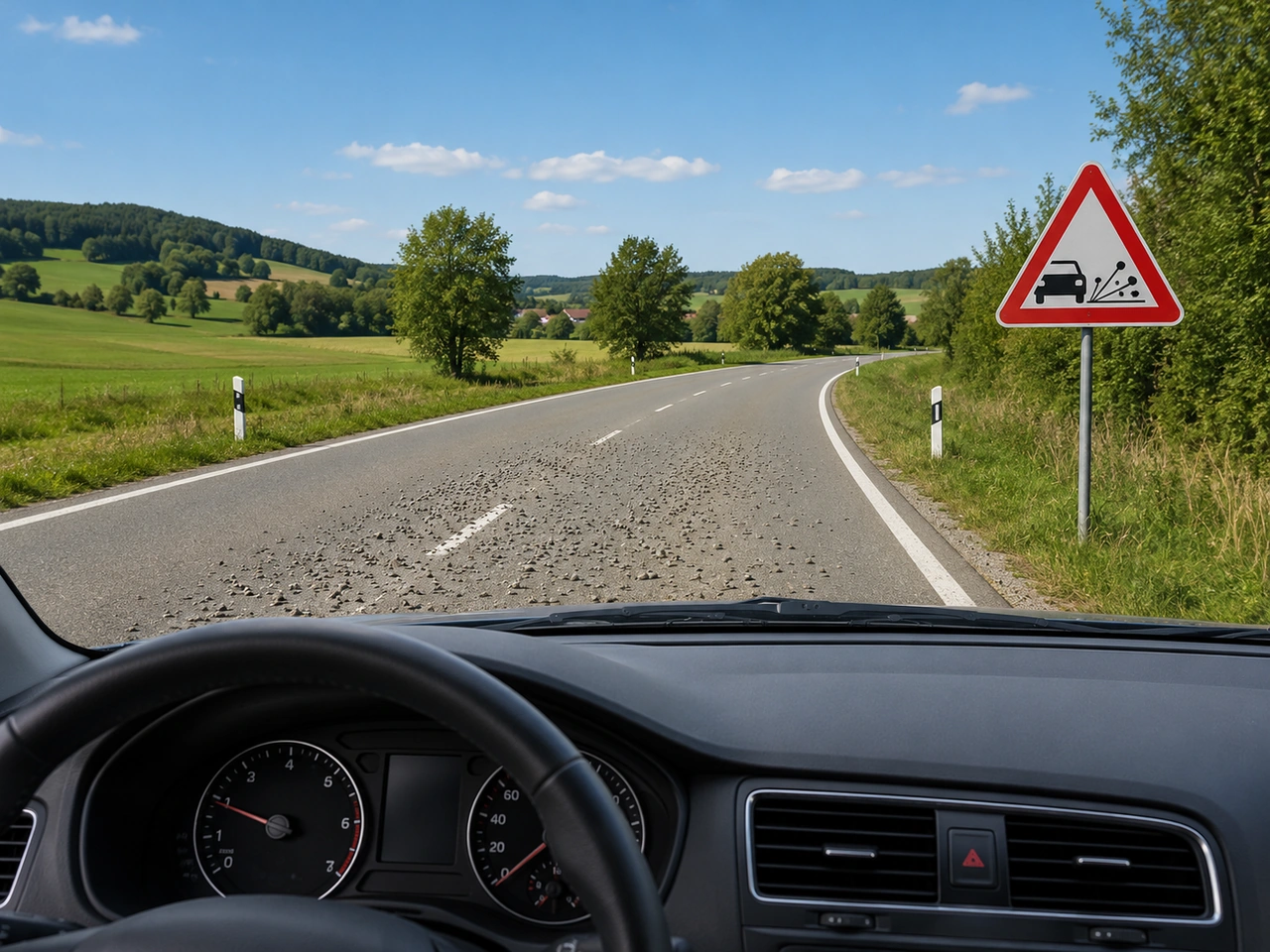 What should you do if you see loose gravel on the road?