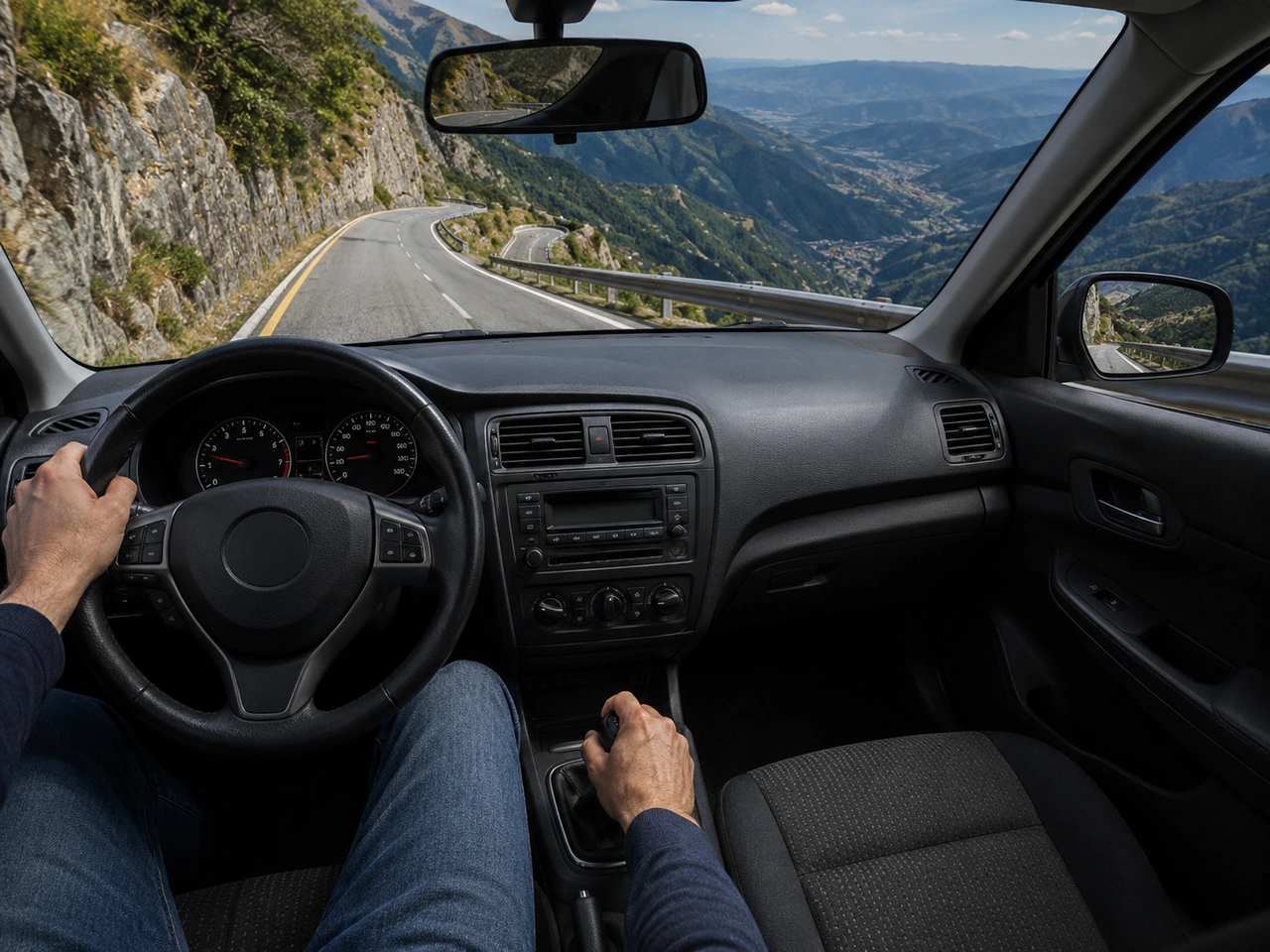 Why should you use a lower gear when driving downhill?