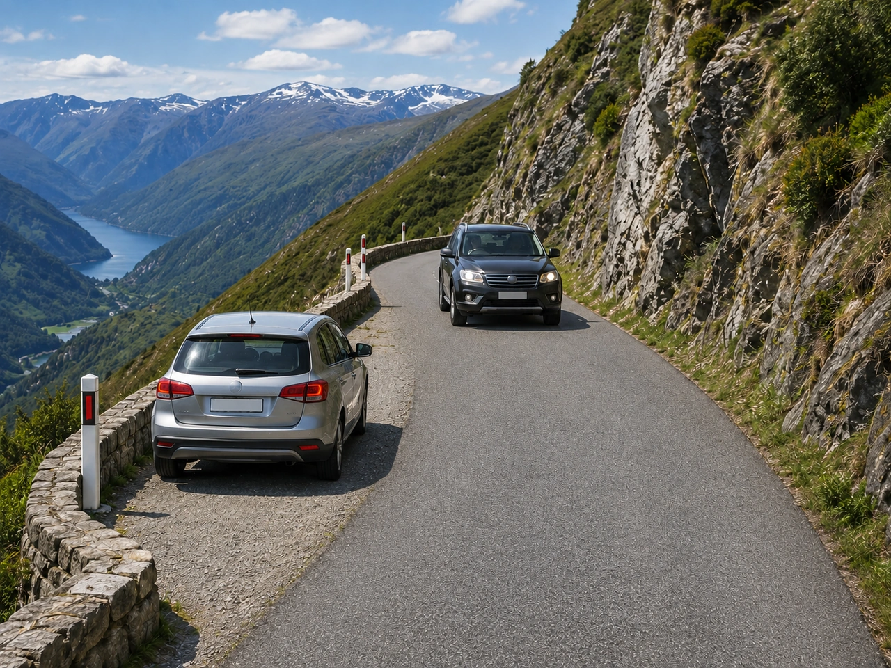 What should you do when meeting another vehicle on a narrow mountain road?