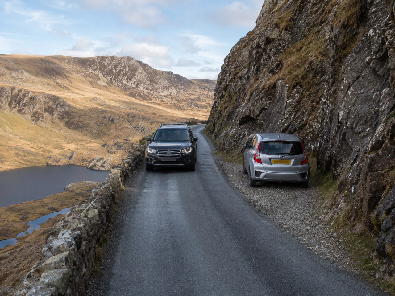 What should you do when meeting another vehicle on a narrow mountain road?