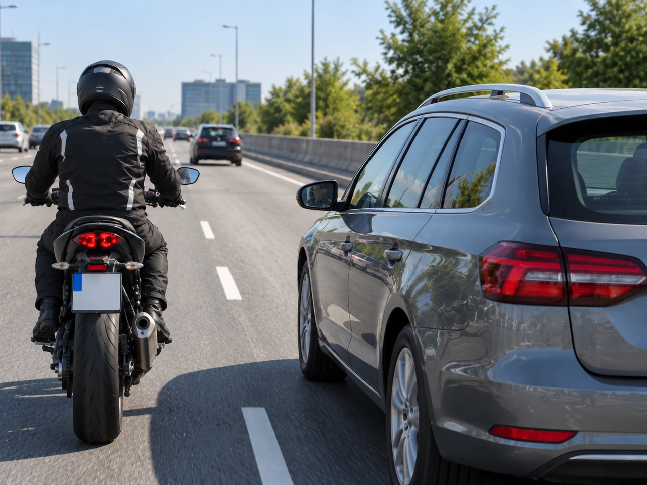 Why should a motorcyclist avoid riding in another vehicle's blind spot?