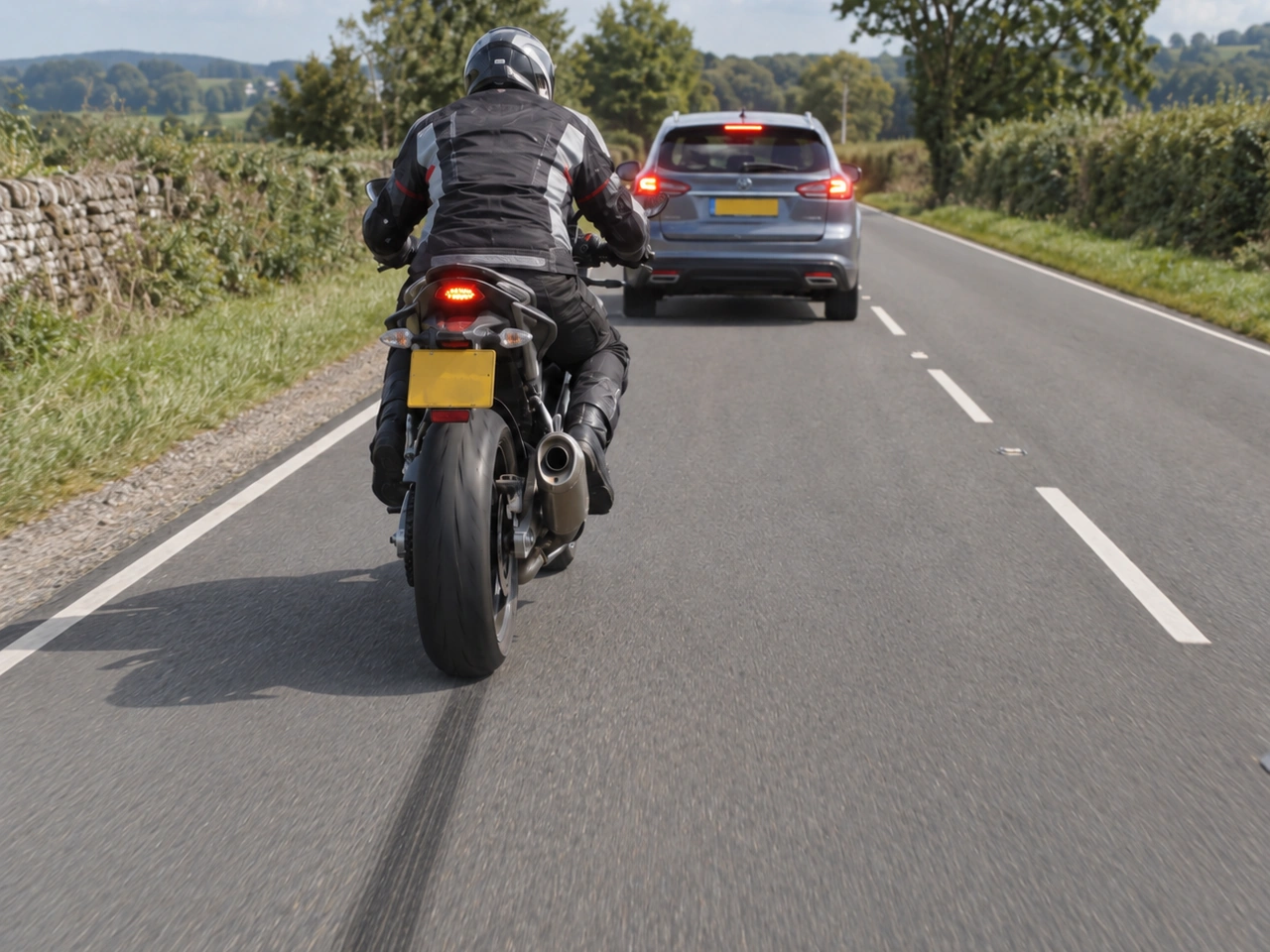 How should a motorcyclist brake in an emergency?