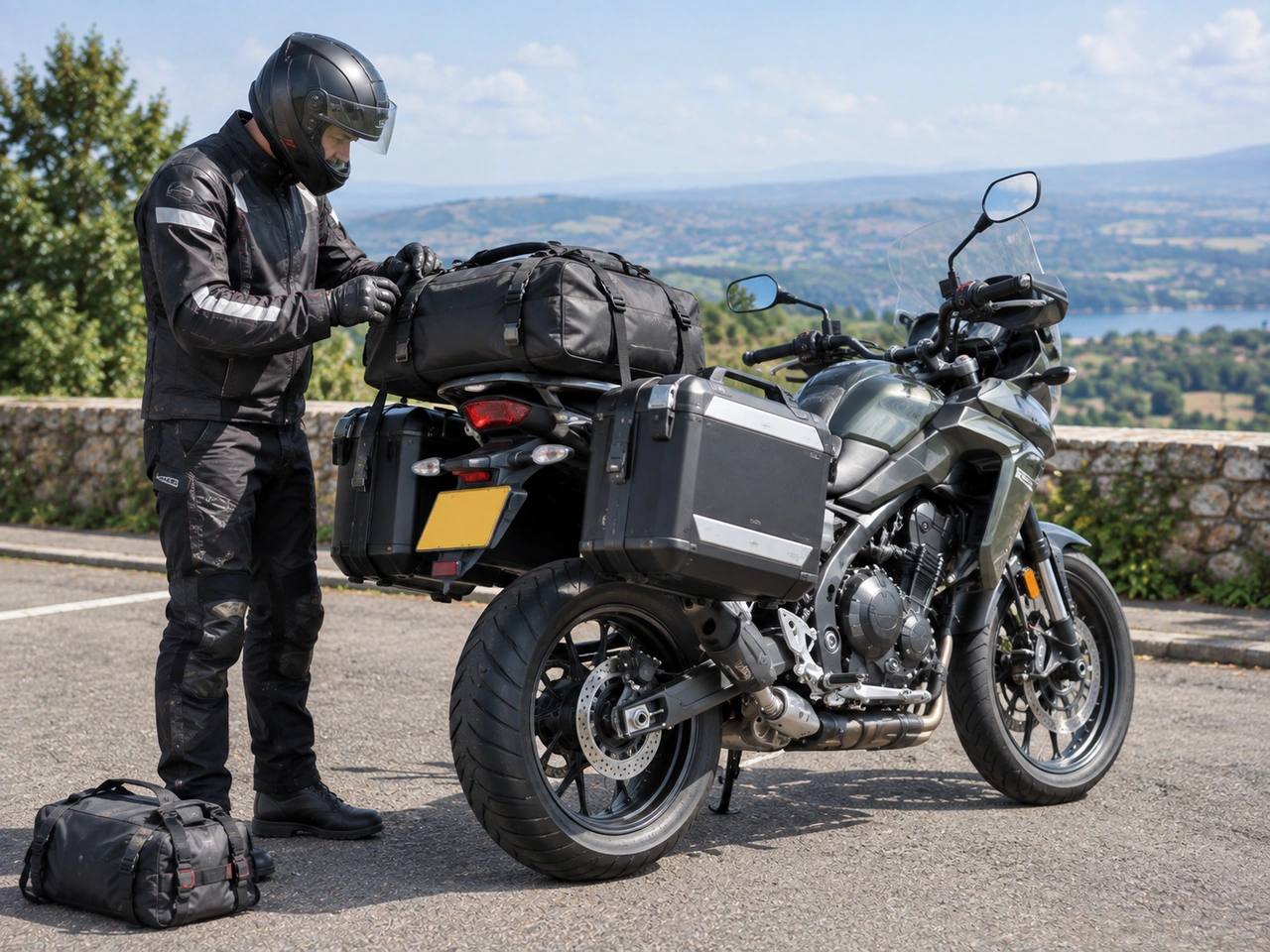 How should luggage be carried on a motorcycle?