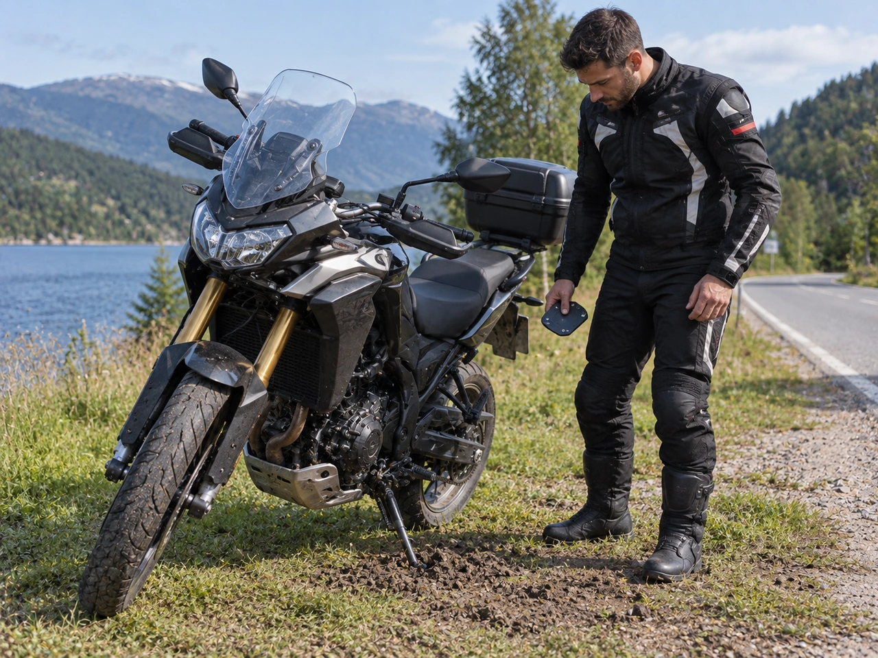 Why should you take care when parking a motorcycle on soft ground?