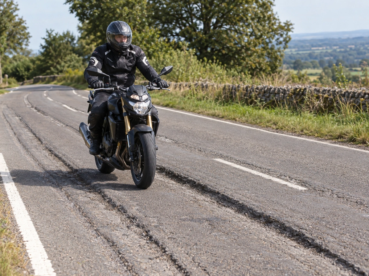 How should a motorcyclist react to grooves or ruts in the road?
