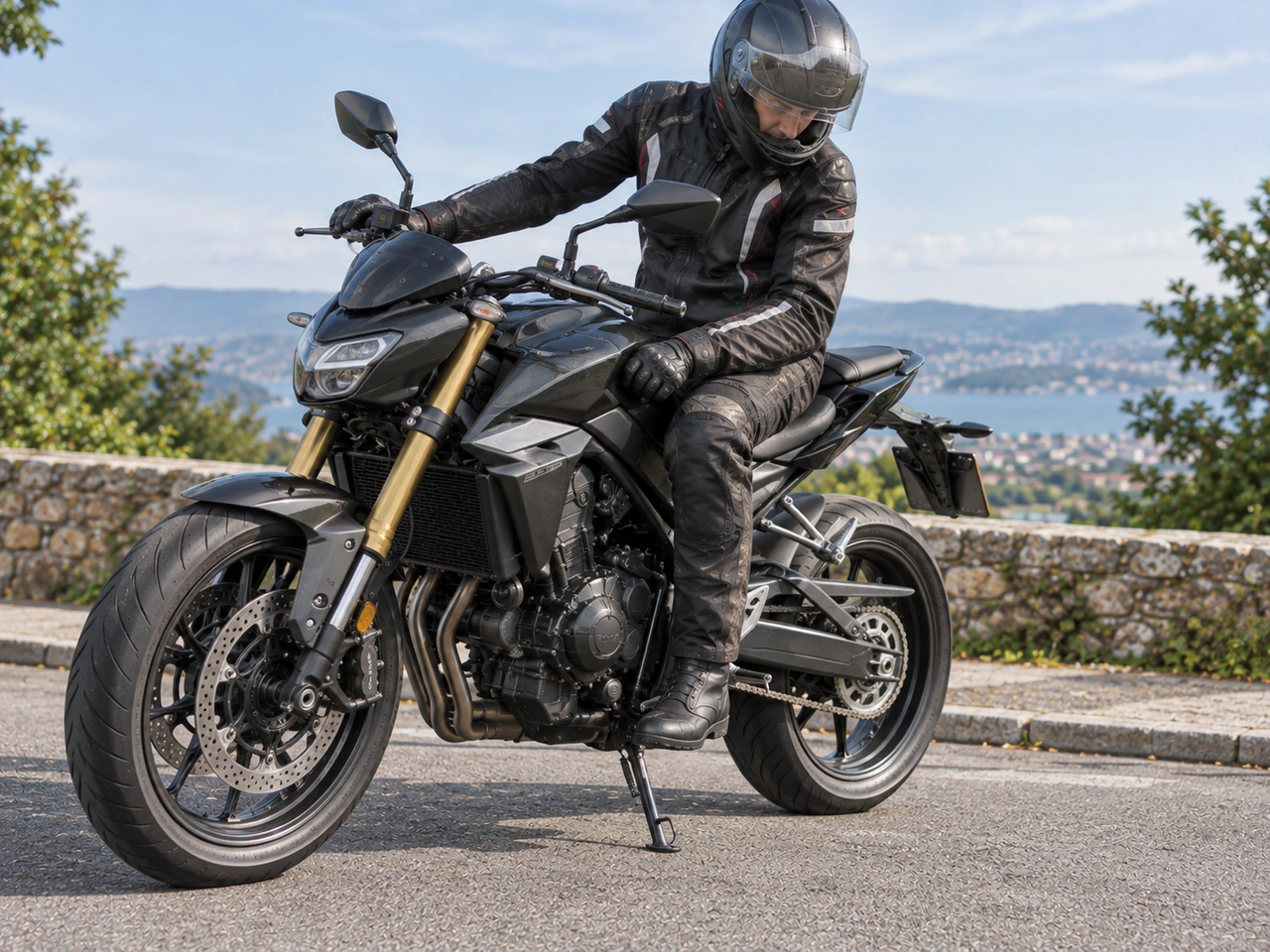Should the side stand be fully raised before riding a motorcycle?