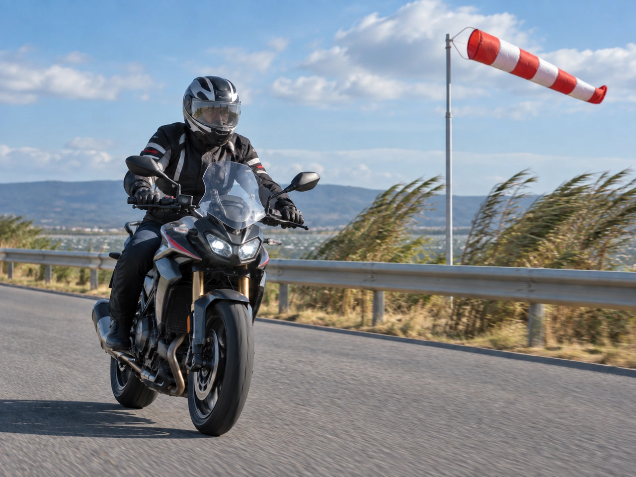 What should a motorcyclist do in strong crosswinds?