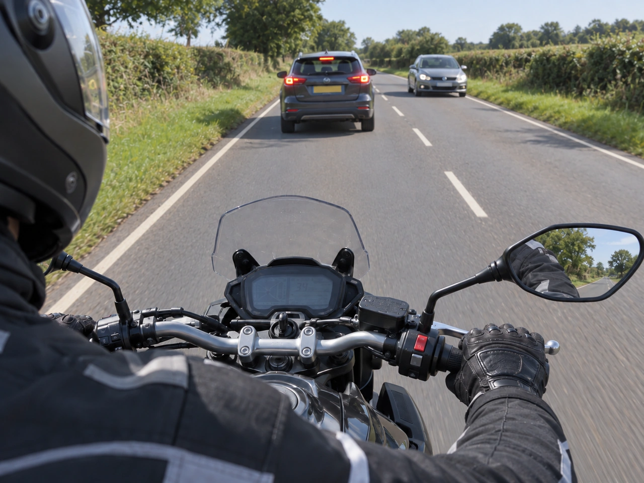 How should you normally brake on a motorcycle?