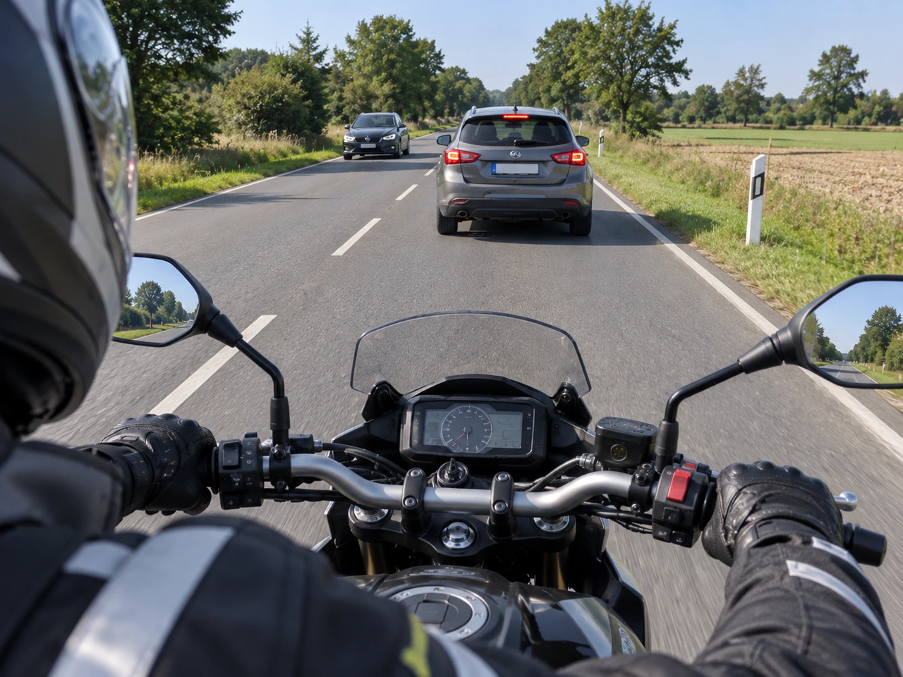 How should you normally brake on a motorcycle?