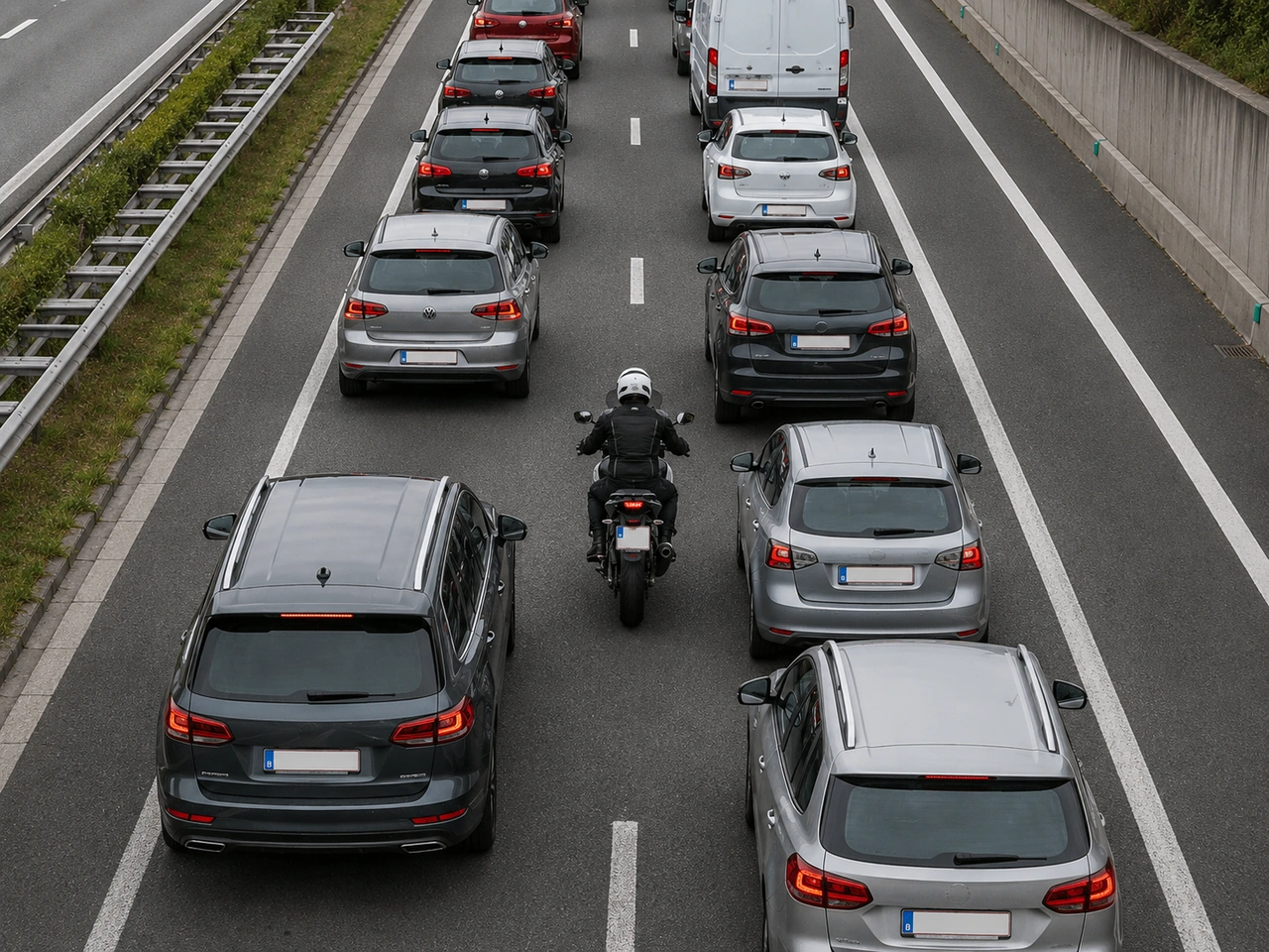 What limits apply when a motorcyclist filters between slow-moving traffic in Belgium?