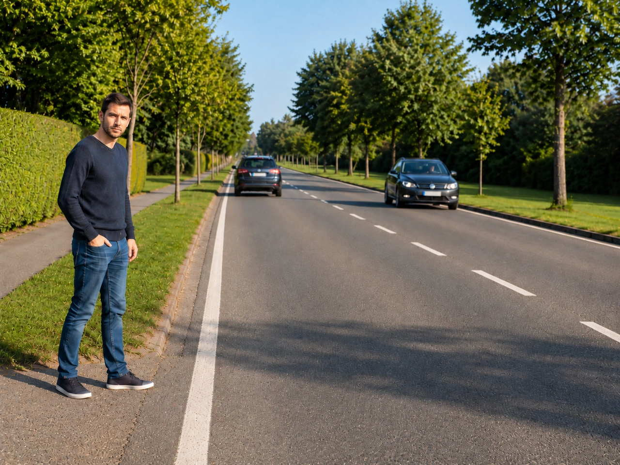 What should you do when crossing a road with no marked crossing nearby?