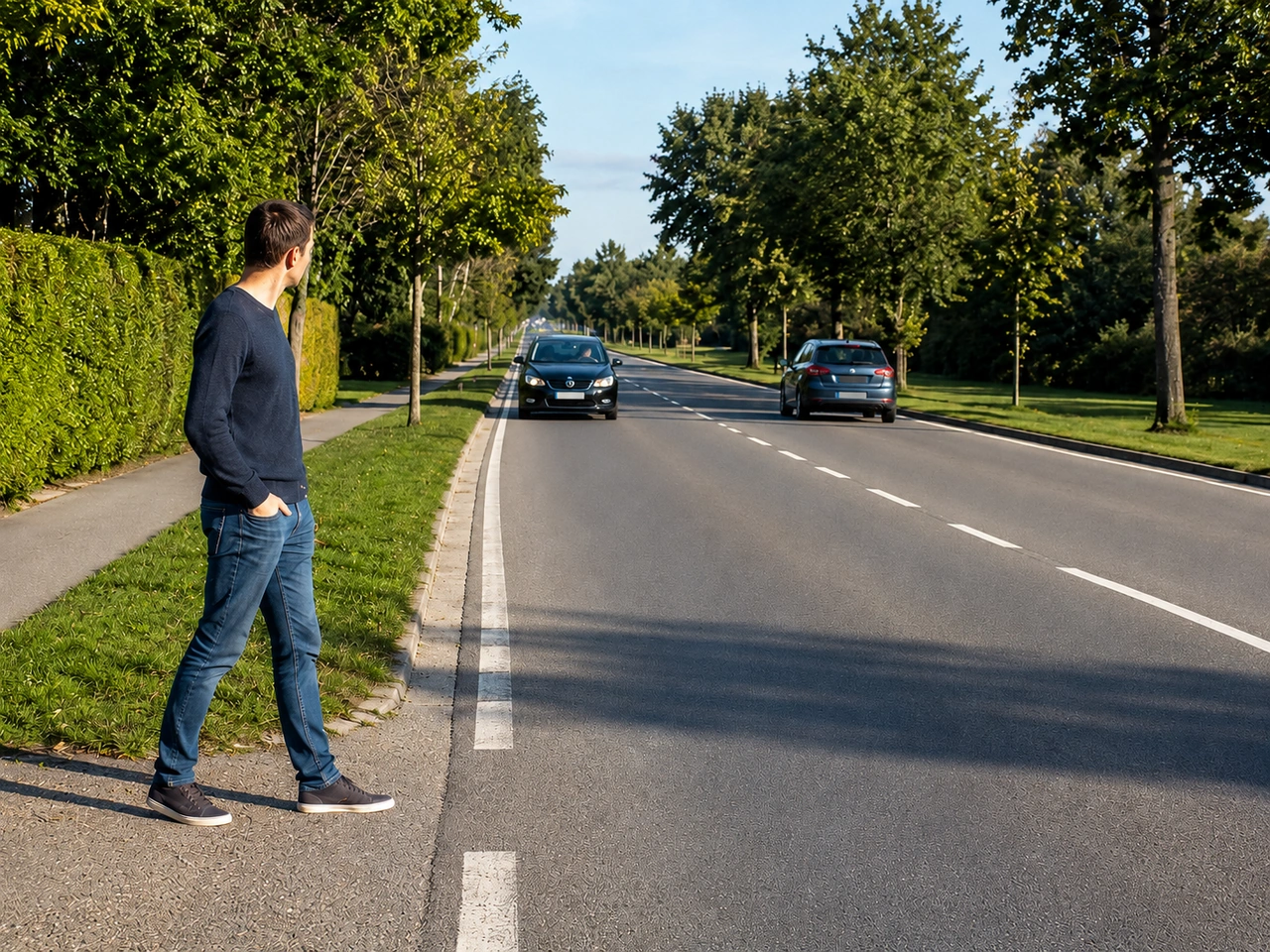 What should you do when crossing a road with no marked crossing nearby?