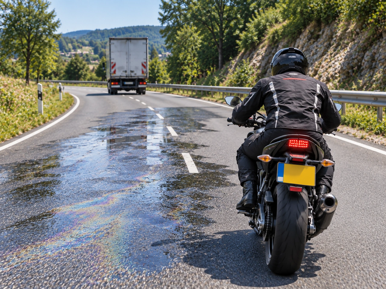 Why should you take extra care if oil or diesel is spilled on the road?
