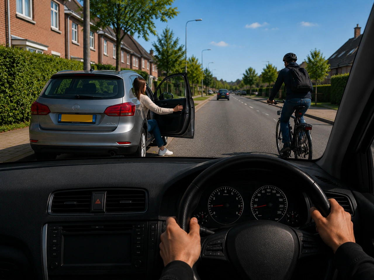 What should you do before opening your car door near traffic?