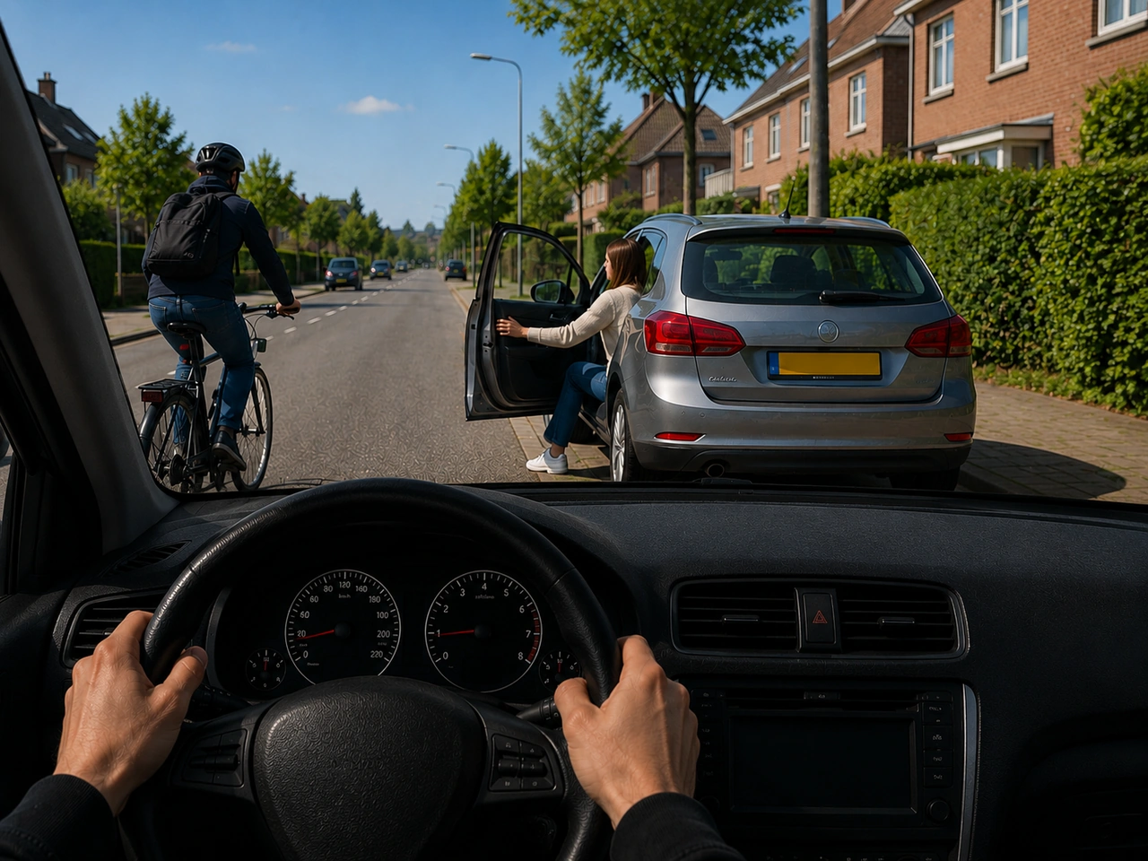 What should you do before opening your car door near traffic?