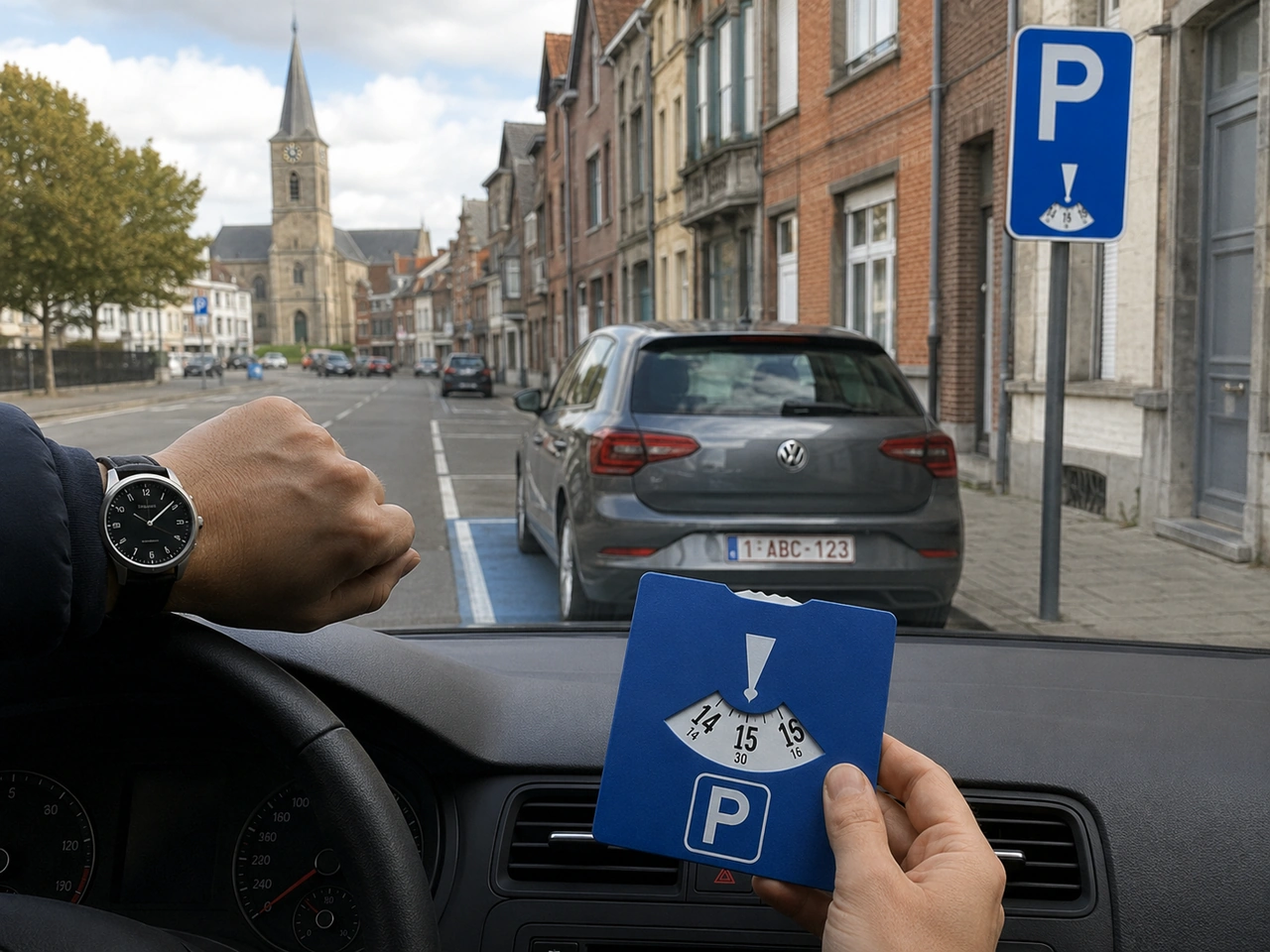 How should you set a parking disc when parking in a Belgian blue zone?
