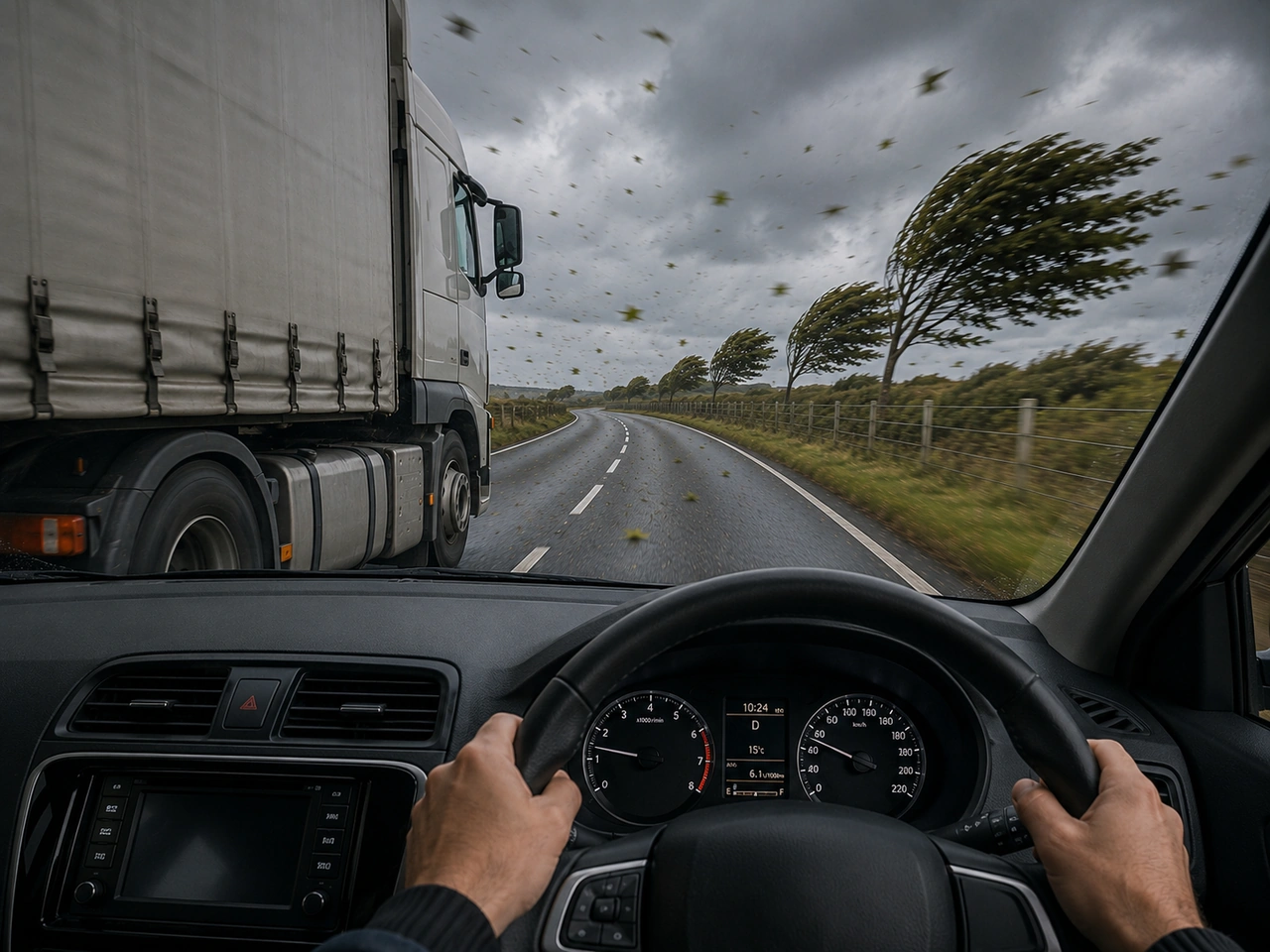 How should you pass a large vehicle in strong winds?