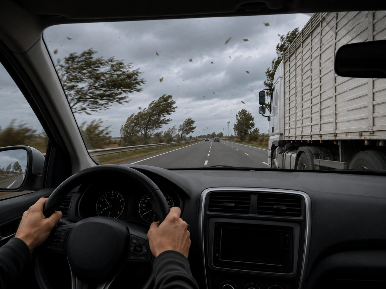 How should you pass a large vehicle in strong winds?